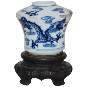 Blue and White Asian Ceramic Art Piece With Wooden Stand