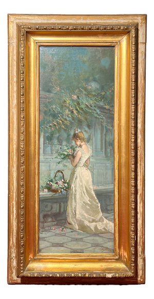 Salvatore Postiglione, Pastime of a Young Lady from a Good Family, Oil on Canvas, 19th Century, Framed