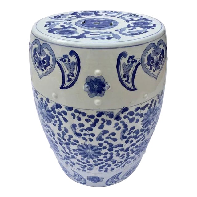 Ceramic Asian Garden Seat in Blue and White Floral Motifs For Sale