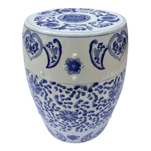 Ceramic Asian Garden Seat in Blue and White Floral Motifs