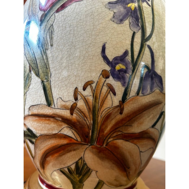 Wildwood 1980s Wildwood Large Floral Crackled Hand Painted Ceramic Table Lamp For Sale - Image 4 of 12
