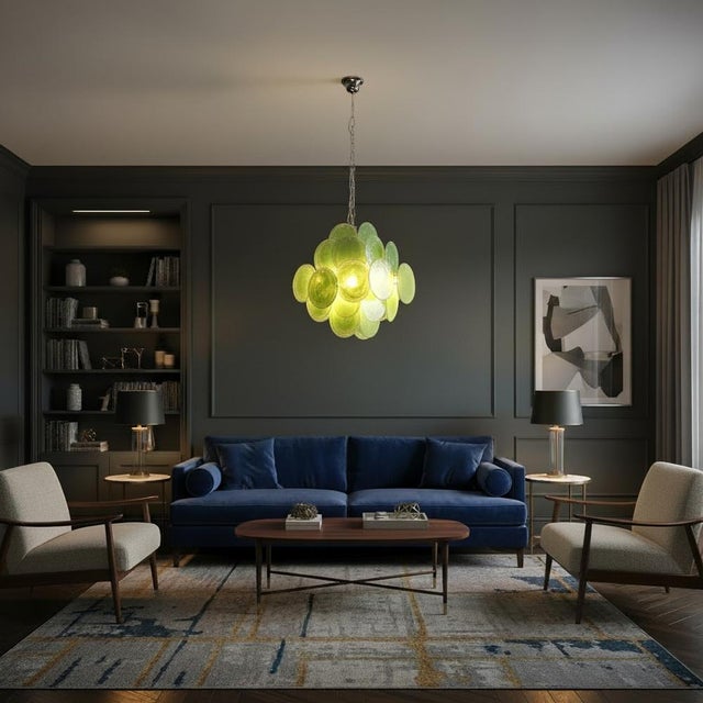 Mid-Century Modern Vintage Italian Green Murano Glass Discs Chandelier, 1990s For Sale - Image 3 of 18