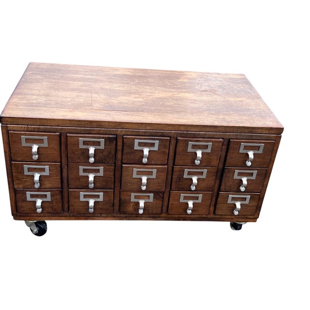 Vintage Wooden Library Card Catalog Cabinet With 15 Drawers on Casters For Sale - Image 4 of 18