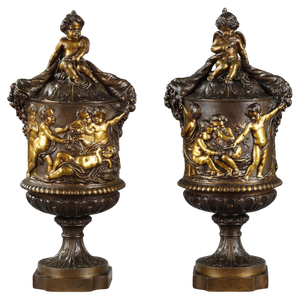Covered Vases in Chased Bronze with Rich Decoration, 1870s, Set of 2