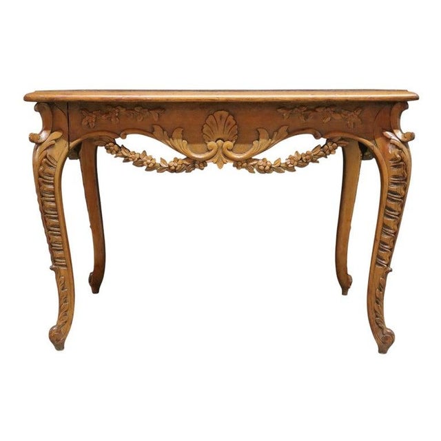Floral & Scallop Carved Walnut & Burl Cabriole Legged Low Table C1930 For Sale - Image 9 of 11