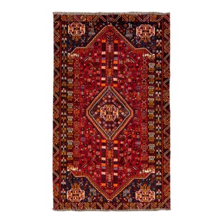 Vintage Handmade Shiraz Red Medallion Wool Rug 5'2" X 10'5" $1,800 For Sale