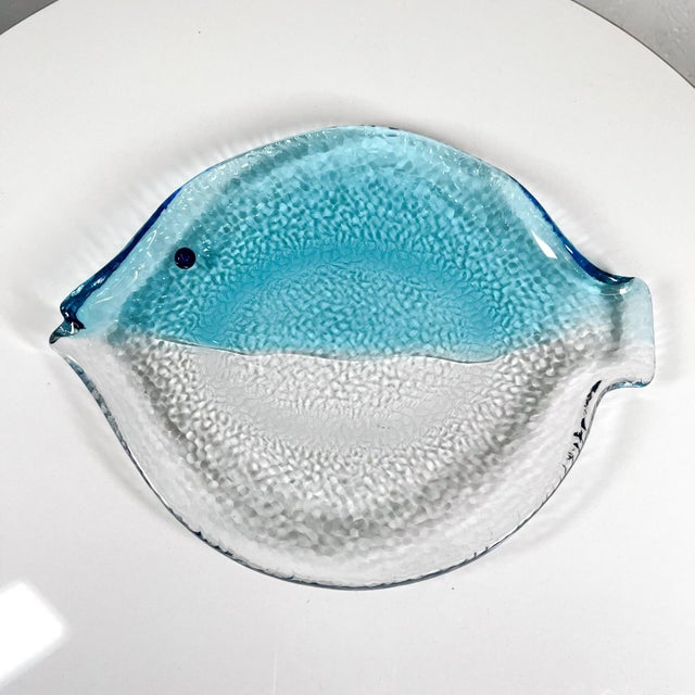Modern Vintage Modern Fish Plate Textured Blue Art Glass Serving Dish For Sale - Image 3 of 9