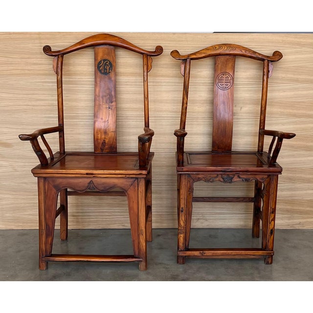 Early 20th Century Pair of Chinese Ming Style Carved Wood High Back Throne Armchairs For Sale - Image 16 of 18