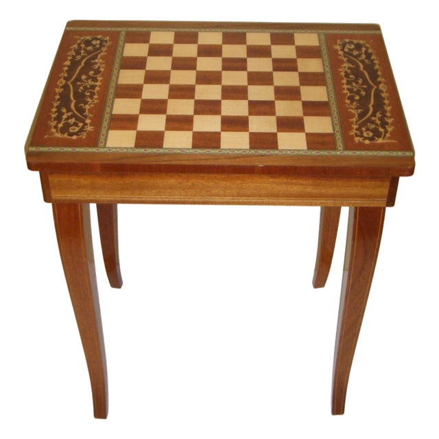 Vintage MCM Inlaid Wood Chess Board Table Made in Italy For Sale