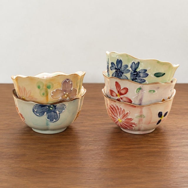 Japanese Underglaze Small, Petal-Shaped Bowl With Hand-Painted Cherry Blossoms - Set of 5 For Sale - Image 3 of 6