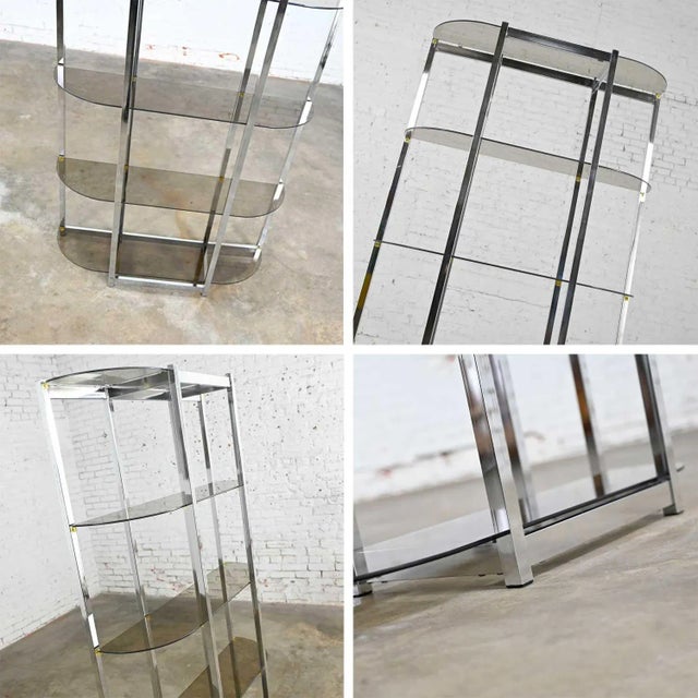 Chrome Mid-Century Modern Bow Shape Chrome Etagere 5 Smoked Glass Shelves Style of James David or Dia For Sale - Image 8 of 12