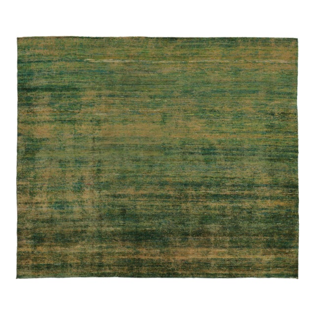 Rug & Kilim’s Modern Textural Square Rug, Warm Tone-on-Tone Green and Gold For Sale