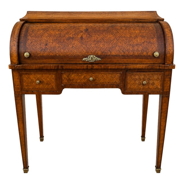 Small Louis XVI Roll-Top Secretary Desk with Marquetry in Latticework Pattern, 1930s For Sale
