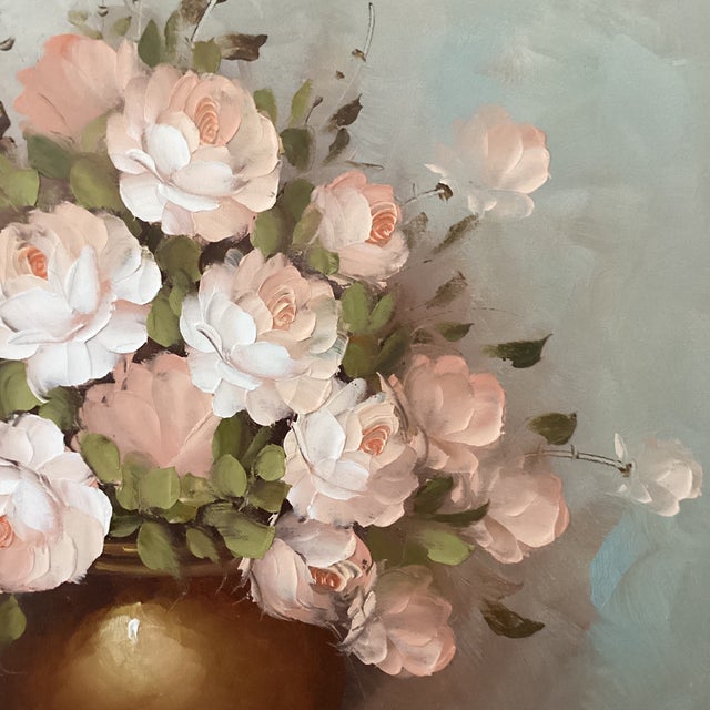 Vintage Floral Still Life Rose Bouquet in Vase Oil Painting on Canvas Signed Framed For Sale - Image 4 of 12