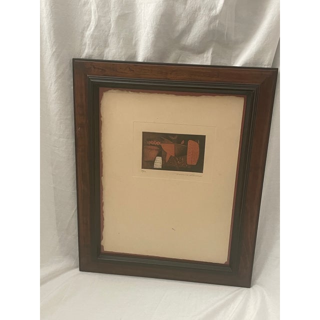 Original art engraving, framed and matted, on wove paper by Mario Romero. The abstract / folk surrealism style depicts...