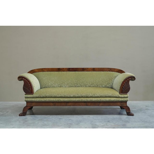 Sculptural Regency Sofa in Figured Mahogany Veneer and Velvet, 1800s For Sale - Image 6 of 11