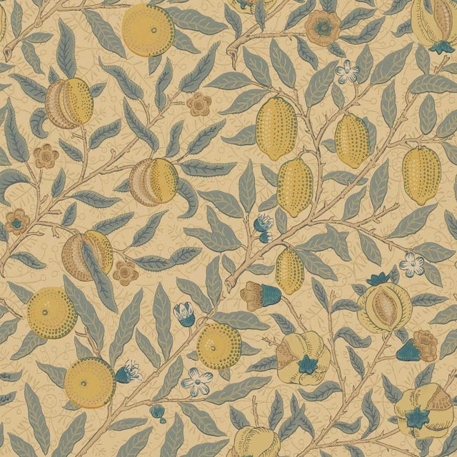 Morris & Co Fruit Wallpaper in Blue/Maize/Gold/Oakwood/ Khaki For Sale