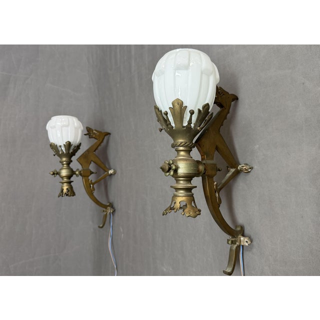 Art Deco Bronze Wall Sconces with Tulip Shades and Dragons, 1890s, Set of 2 For Sale - Image 9 of 11