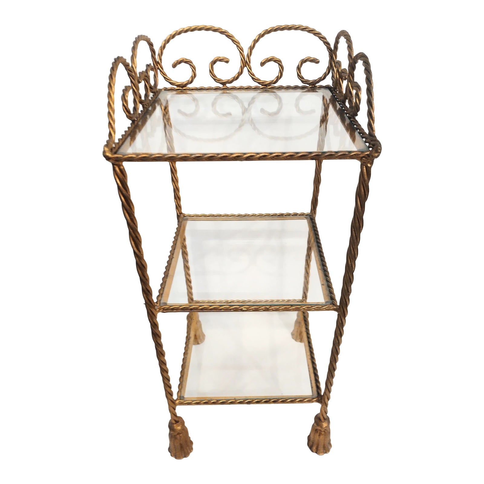 Vintage 3 Glass Shelf Gold Twisted Braided Tassel Metal Hollywood