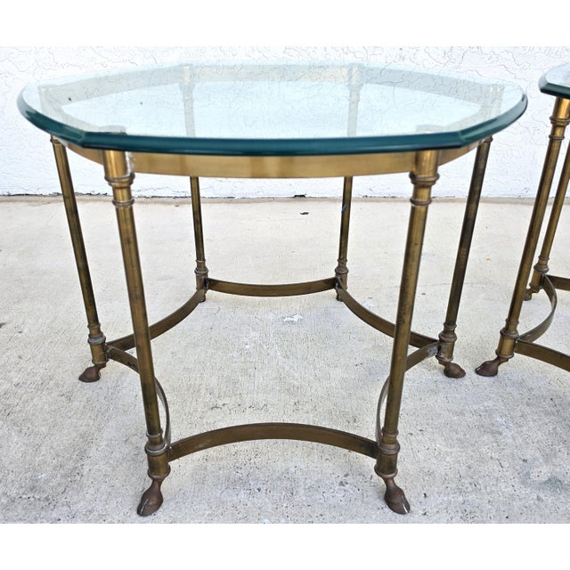 French Vintage Labarge Side Tables Brass Glass Hoof Footed Octagonal Pair For Sale - Image 3 of 17