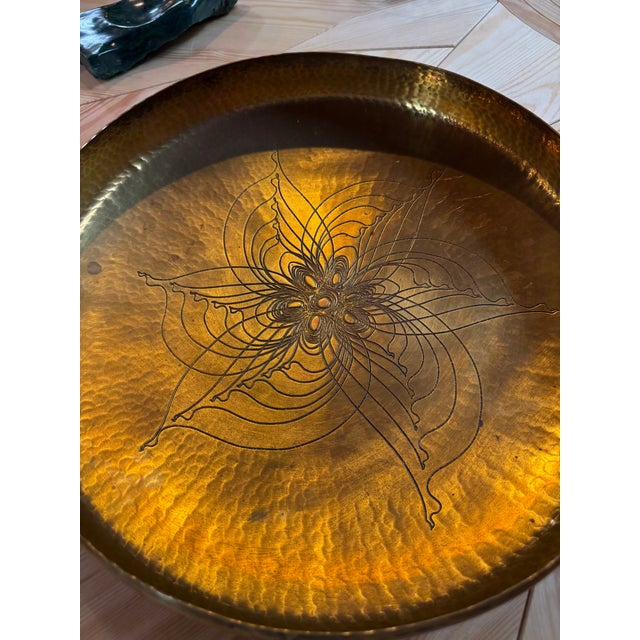 Metal Hand-Hammered Brass Centerpiece Bowl With Engraved Floral Motif, 1970s For Sale - Image 7 of 7