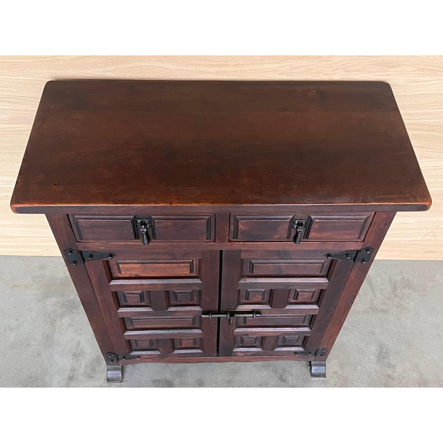 19th Spanish Baroque Carved Walnut Narrow Two Drawer Credenza or Buffet For Sale - Image 4 of 18