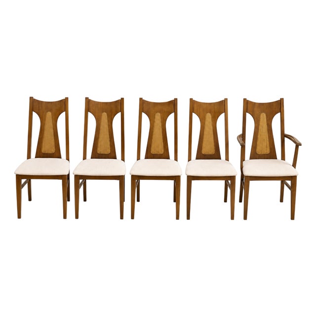 Set of 5 Mid-Century Modern Walnut Cane Dining Chairs (Attributed Garrison) For Sale