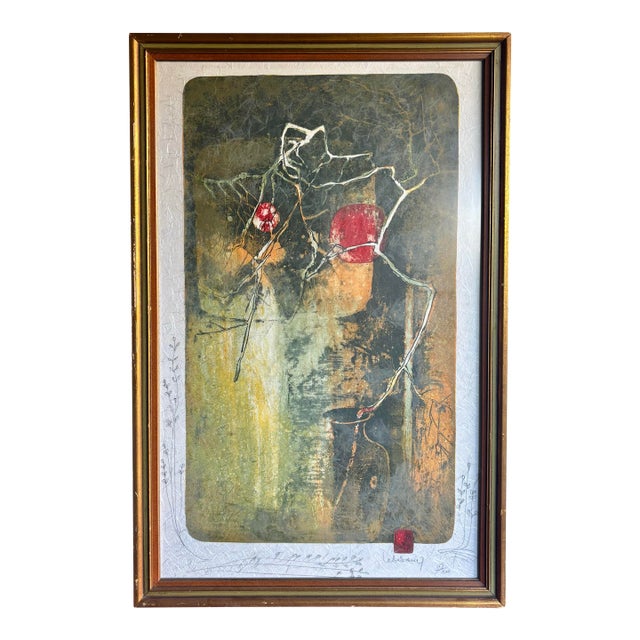 1960s Hoi Lebadang Lithograph on Woven Paper - Tree With Two Red Suns For Sale