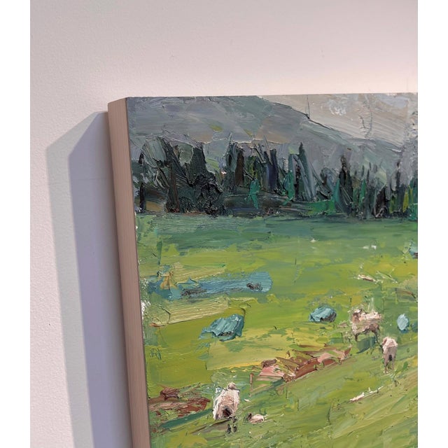 Contemporary Sheepish by Clyde Steadman | Oil Painting of sheep grazing in a green field For Sale - Image 3 of 3