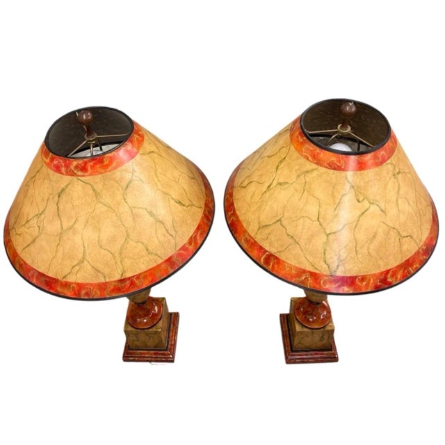 Neoclassical Vintage Neoclassical Faux Marble Painted Wooden Table Lamps With Matching Shades - a Pair For Sale - Image 3 of 12