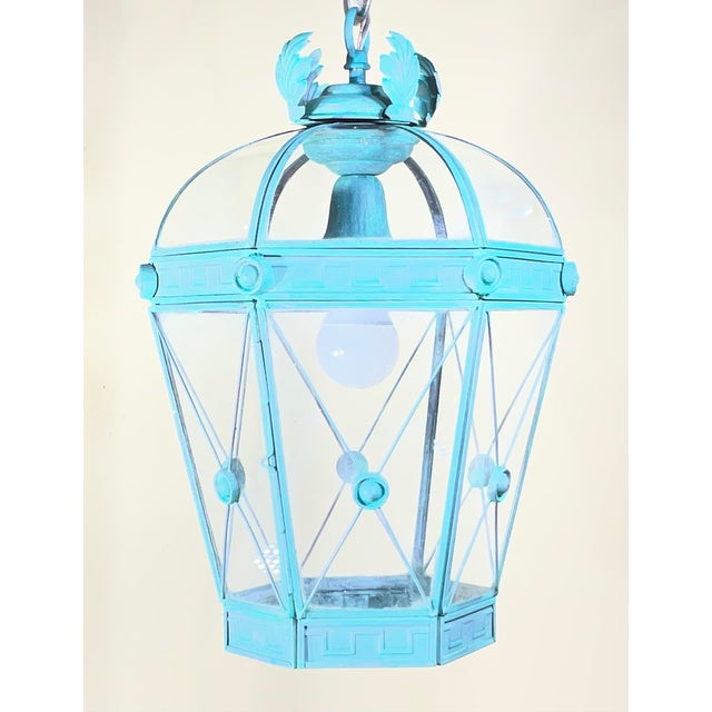 Vintage Style Solid Brass Verdigris Hanging Lantern - Restored & Rewired For Sale - Image 4 of 13