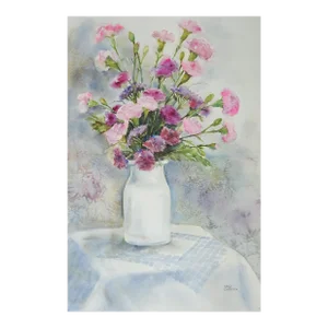 Vintage Pink & Purple Floral Watercolor Still Life Painting