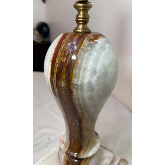 Stone 1980s Abstract Large Solid Heavy Brown White Green Onyx Stone Electric Table Lamp Light For Sale - Image 7 of 12