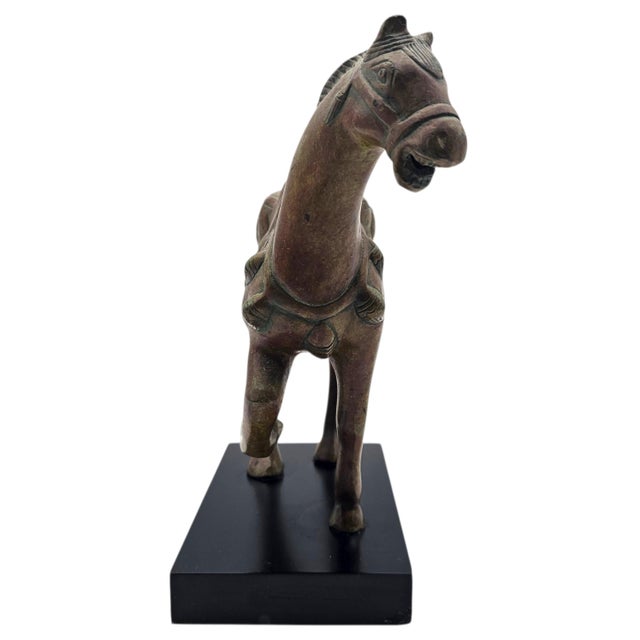 Contemporary Late 20th Century Chinese Tang-Style Patinated Metal Horse Sculpture on Black Plinth For Sale - Image 3 of 17