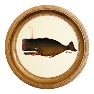 Original Hand-Painted Baby Whale Painting in a Handpainted Wooden Frame For Sale