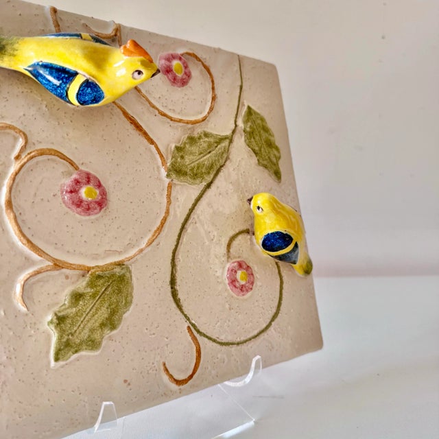 Ceramic Late 20th Century Hand Painted Majolica Love Birds Sculpted Floral Decorative Wall Hanging Tile Plate For Sale - Image 7 of 8