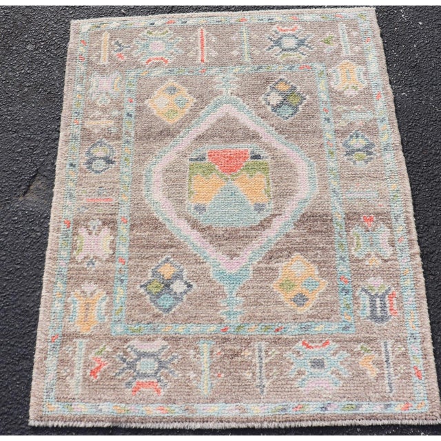 Small Turkish Oushak Rug With Central Medallion in Lt Brown and Seafoam Accents For Sale In Atlanta - Image 6 of 9