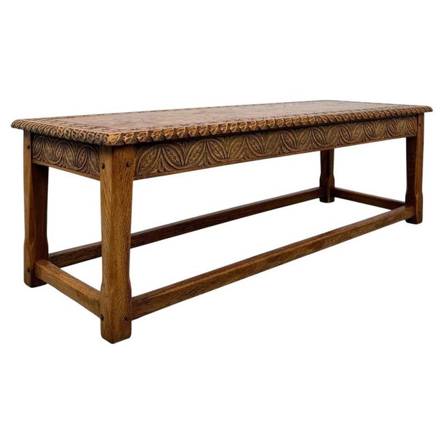 Early 20th Century Antique English Edwardian Carved Golden Oak Coffee Table For Sale - Image 5 of 8