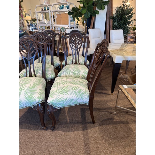 Set of 6 Vintage Mahogany Chippendale-Style Dining Chairs – Green Palm Leaf Upholstery For Sale - Image 12 of 12