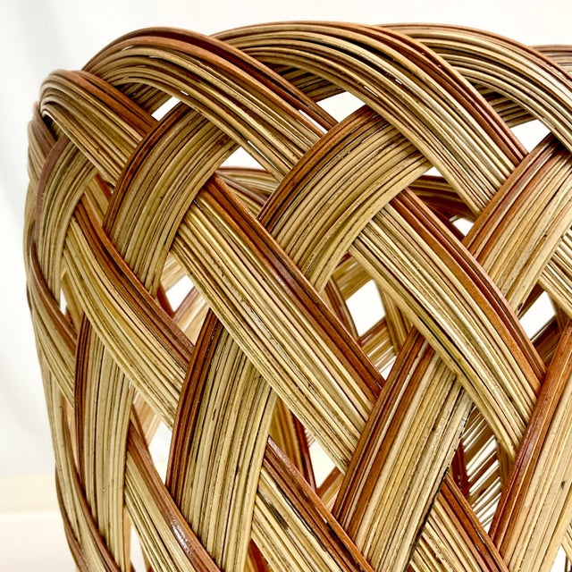 Wood Mid-Century Boho Coastal Loop Weave Petite Pencil Reed Wastebasket For Sale - Image 7 of 9