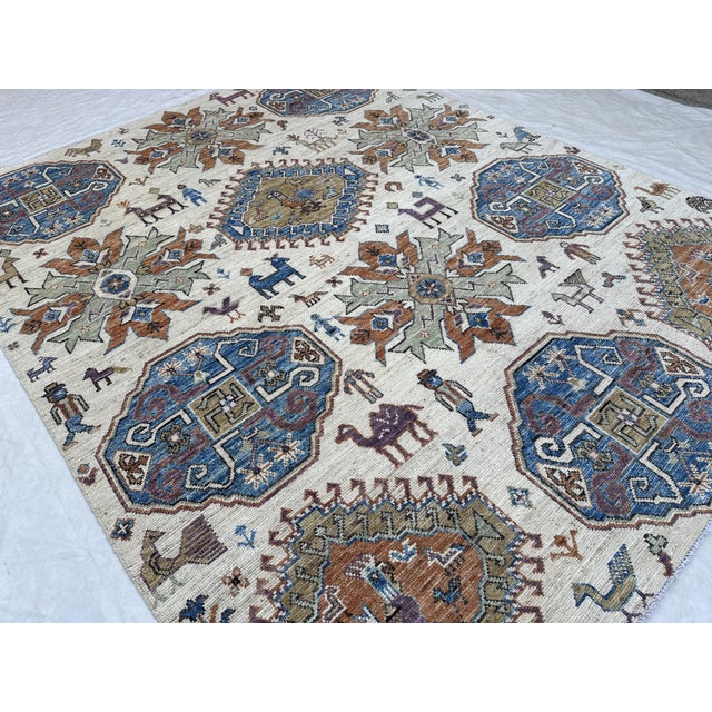 8x9.11 Kazak Design Carpet With Animals, Ivory For Sale - Image 9 of 12