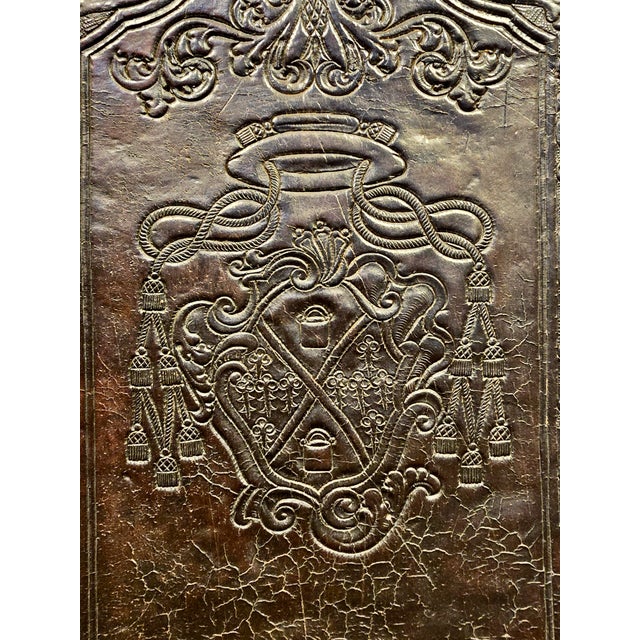 18th Century Portuguese Embossed Leather Panels W/Heraldic Crest & Brass Studs- A Pair For Sale - Image 4 of 12