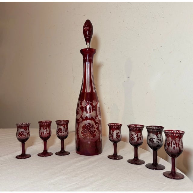 Moser Glassworks Antique Cut to Clear Crystal Moser Czech Bohemian Etched Red Glass Decanter - Set of 8 For Sale - Image 4 of 12