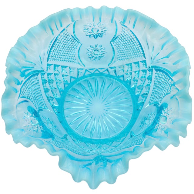 Mid 20th Century Handmade Americana Blue-Opalescent Glass-Cut Ruffled Bowl For Sale In New York - Image 6 of 8