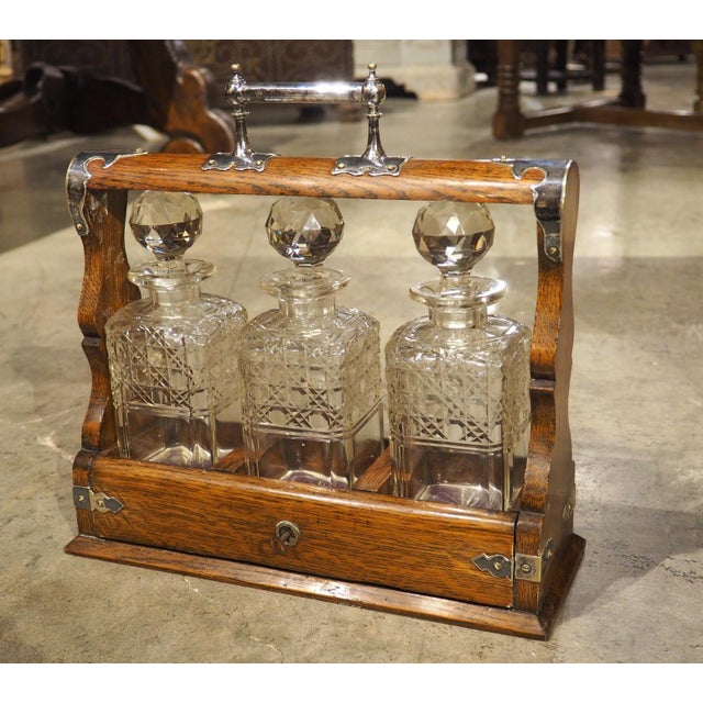 19th Century 3-Bottle English Oak and Silver Plated Locking Decanter Set For Sale - Image 10 of 18