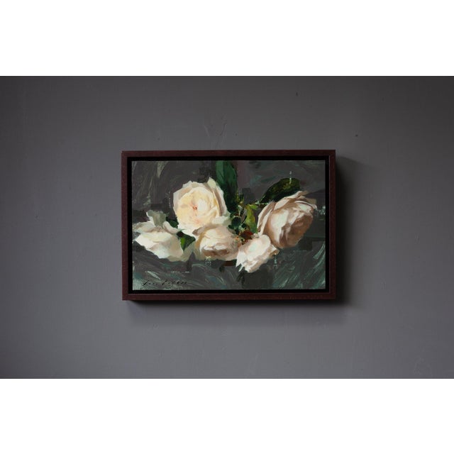 Wood Roses I by Jon Doran | Oil on Panel Cut White Roses Still Life For Sale - Image 7 of 9