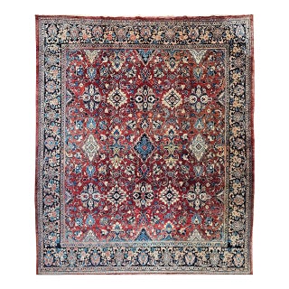 Vintage Mahal Sultanabad Rug, Hand-Knotted Wool, Geometric Pattern, Red & Blue, 9x13 For Sale