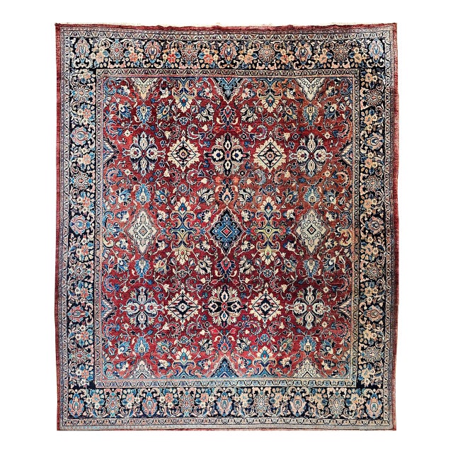 Vintage Persian Mahal Sultanabad Rug, Hand-Knotted Wool, Geometric Pattern, Red & Blue, 9x13 For Sale