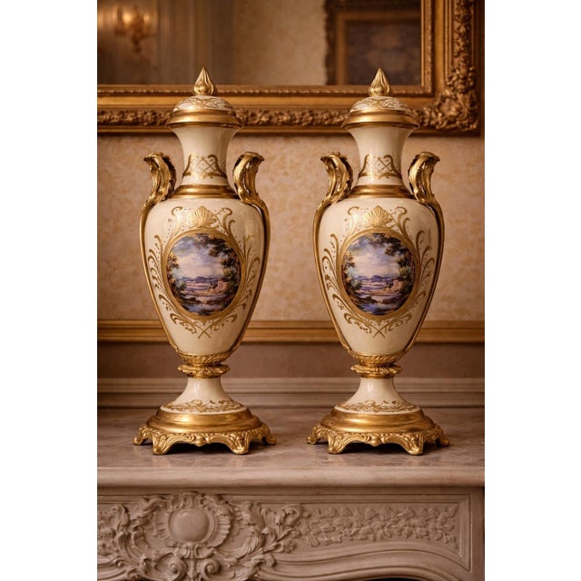 1970 Louis XVI Cream Porcelain Garniture-3 Pc For Sale - Image 4 of 18