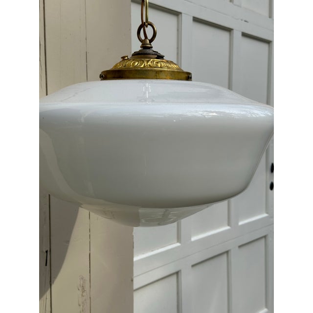 Vintage 18" School House Globe With Vintage Brass Hanging Fixture For Sale In New York - Image 6 of 7